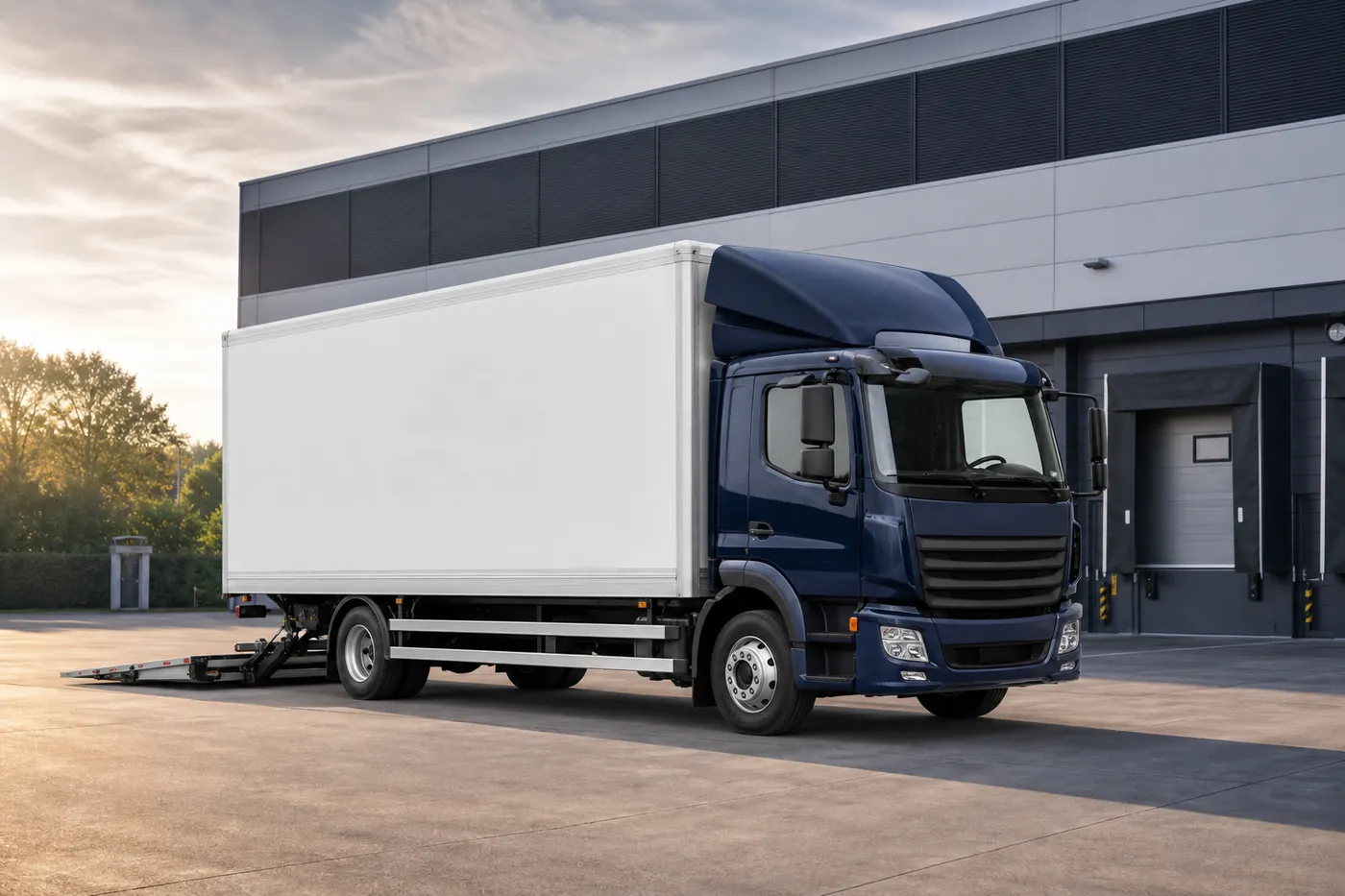 Blauer Koffer-LKW mit Ladebordwand vor einer Gewerbehalle